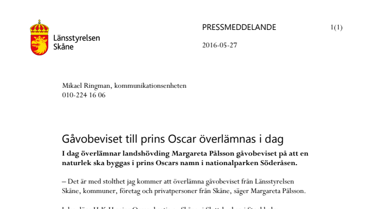 Gåvobeviset till prins Oscar överlämnas på dopet i dag 