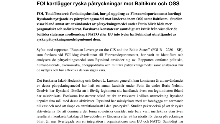 FOI kartlägger ryska påtryckningar mot Baltikum och OSS 