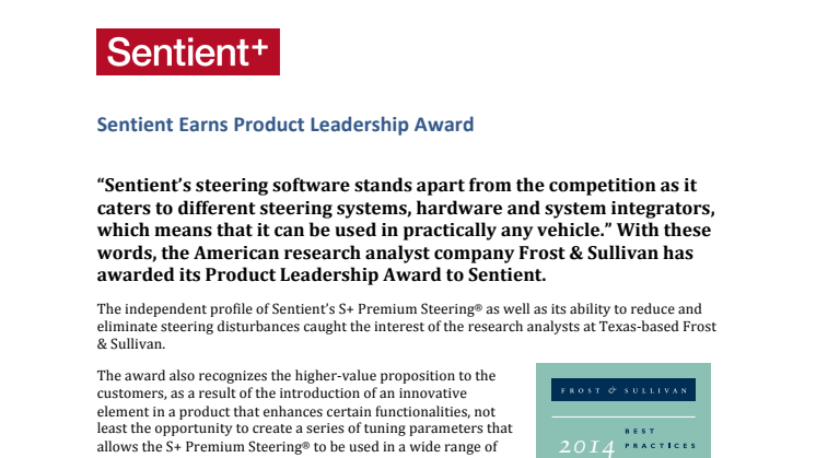 Sentient Earns Product Leadership Award