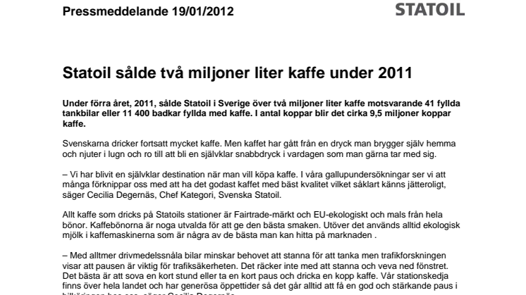 Statoil sålde två miljoner liter kaffe under 2011