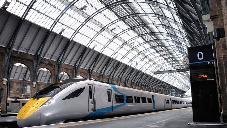 Hitachi intercity train CGI in Kings Cross station. The final train design and branding to be released at a later date. 