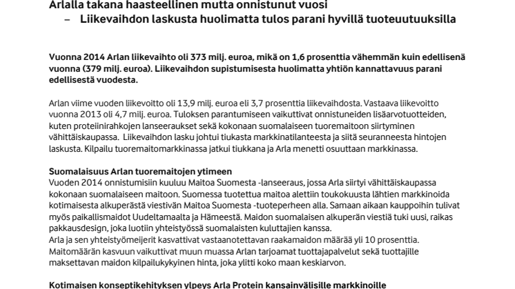 Arlalla takana haasteellinen mutta onnistunut vuosi – liikevaihdon laskusta huolimatta tulos parani hyvillä tuoteuutuuksilla