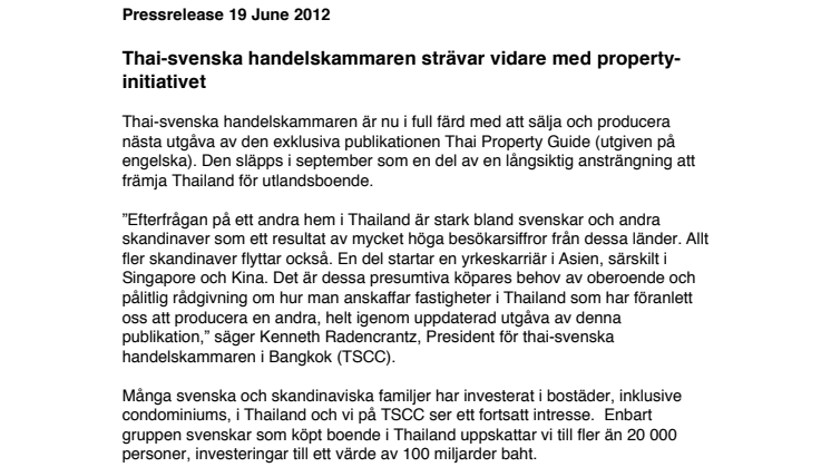 Thai-svenska handelskammaren strävar vidare med property-initiativet 