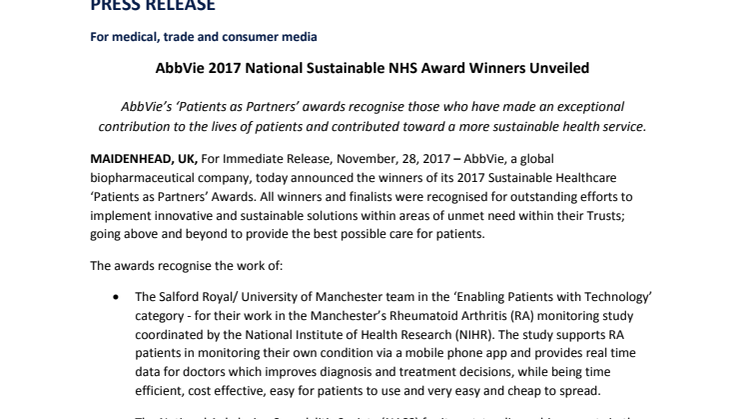 AbbVie 2017 National Sustainable NHS Award Winners Unveiled