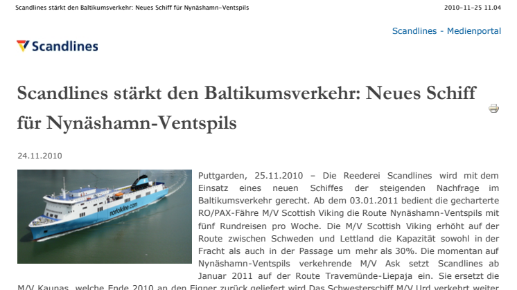 Scandlines stärkt den Baltikumsverkehr: Neues Schiff für Nynäshamn-Ventspils