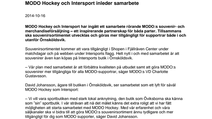 MODO Hockey och Intersport inleder samarbete