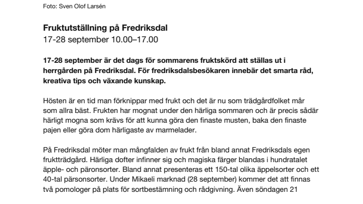 Fruktutställning på Fredriksdal 17-28 september 10.00–17.00