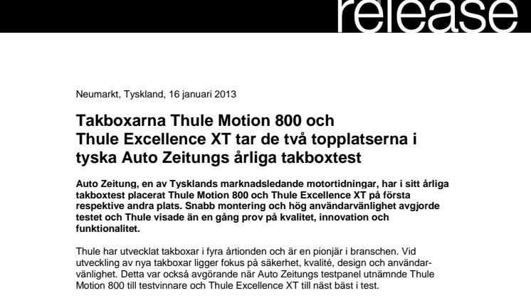 Takboxarna Thule Motion 800 och  Thule Excellence XT tar de två topplatserna i tyska Auto Zeitungs årliga takboxtest 