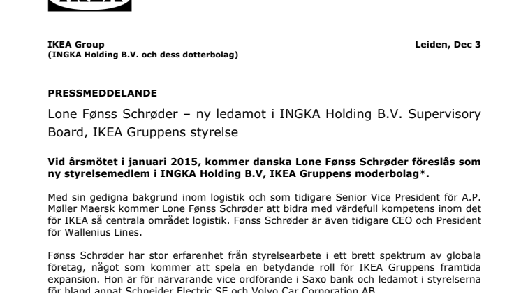 Lone Fønss Schrøder – ny ledamot i INGKA Holding B.V. Supervisory Board, IKEA Gruppens styrelse