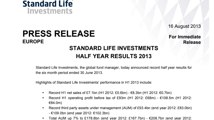 Q2 2013: Rekordsiffror för Standard Life Investments