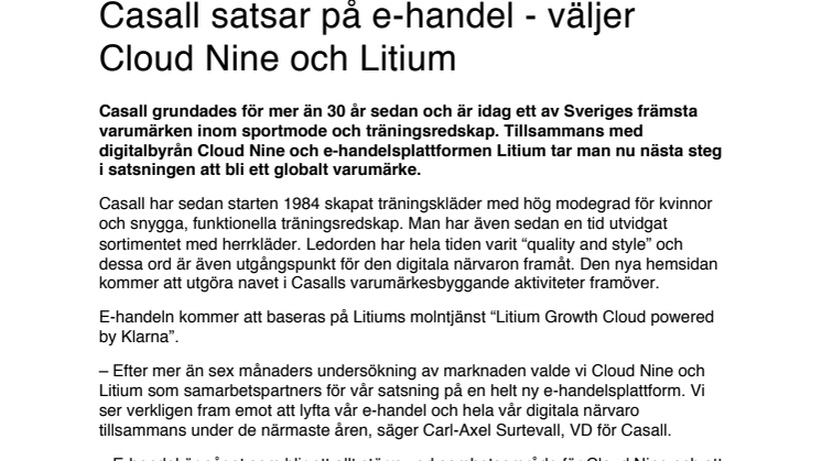 Casall satsar på e-handel - väljer Cloud Nine och Litium