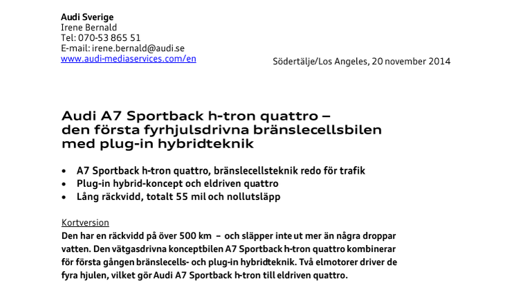 Audi A7 Sportback h-tron quattro – den första fyrhjulsdrivna bränslecellsbilen med plug-in hybridteknik