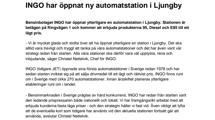 INGO har öppnat ny automatstation i Ljungby