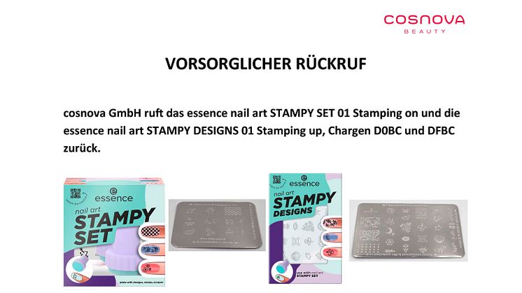 Verbraucherinformation: cosnova GmbH ruft das essence nail art STAMPY SET 01 Stamping on und die essence nail art STAMPY DESIGNS 01 Stamping up, Chargen D0BC und DFBC zurück