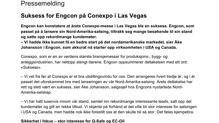 Suksess for Engcon på Conexpo i Las Vegas