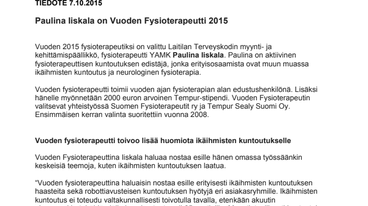 Paulina Iiskala on Vuoden Fysioterapeutti 2015