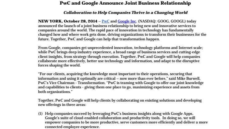 PwC and Google Announce Joint Business Relationship