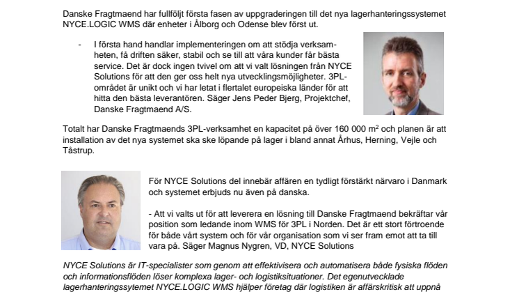 Danske Fragtmaend implementerar NYCE.LOGIC WMS