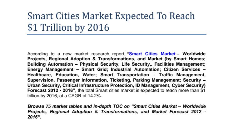 Smart Cities Market Expected To Reach $1 Trillion by 2016
