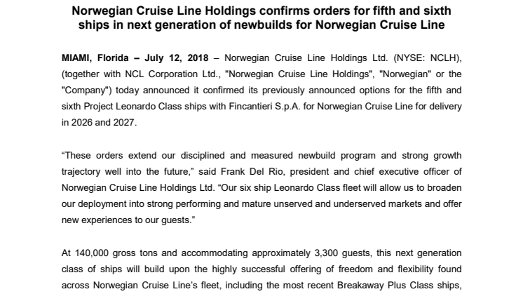 Norwegian Cruise Line Holdings confirms orders for fifth and sixth ships in next generation of newbuilds for Norwegian Cruise Line 
