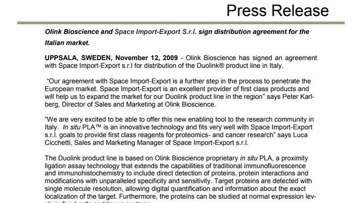 Olink Bioscience and Space Import-Export S.r.l. sign distribution agreement for the Italian market. 
