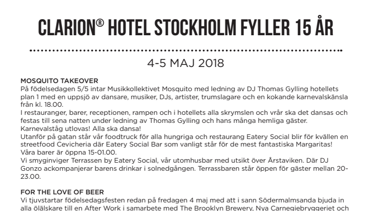 Clarion Hotel Stockholm bjuder in Södermalmsborna till två-dagars födelsedagsfest