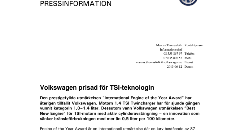 Volkswagen prisad för TSI-teknologin