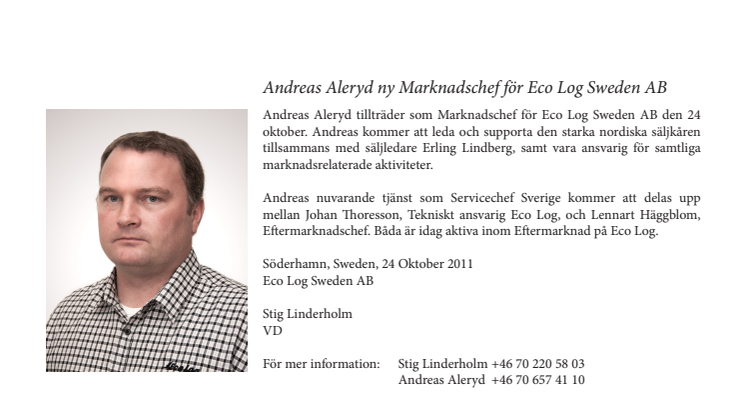 Ny Marknadschef för Eco Log Sweden AB