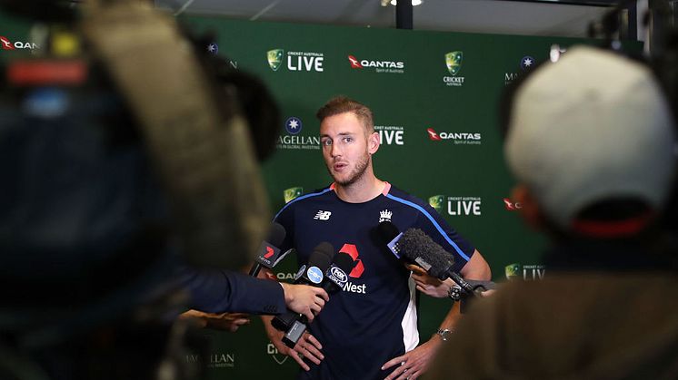 Stuart Broad speakas to media at the England Ashes media, Adelaide Oval. (Photo by Ryan Pierse/Getty Images)