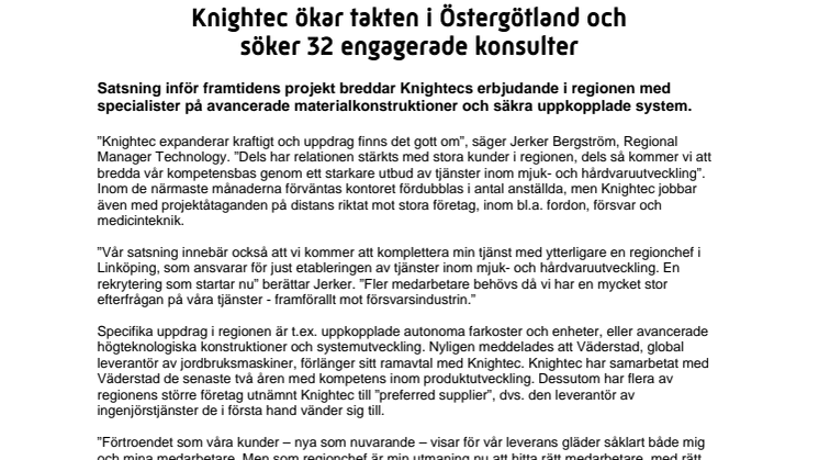 Knightec ökar takten i Östergötland och  söker 32 engagerade konsulter