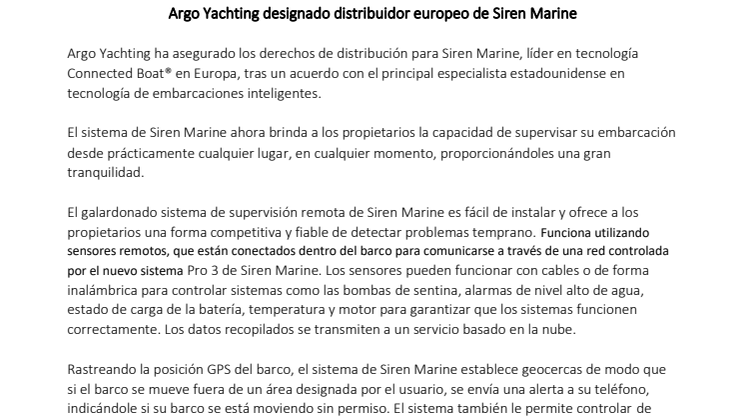 Argo Yachting designado distribuidor europeo de Siren Marine 