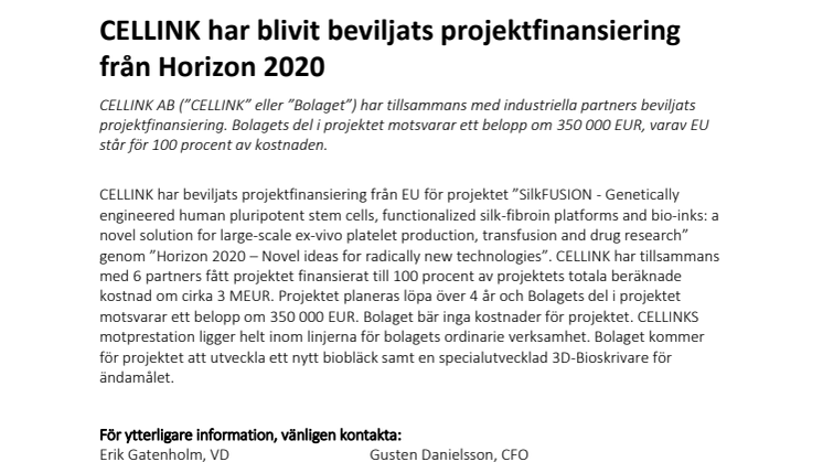 CELLINK beviljat projektfinansiering från Horizon 2020