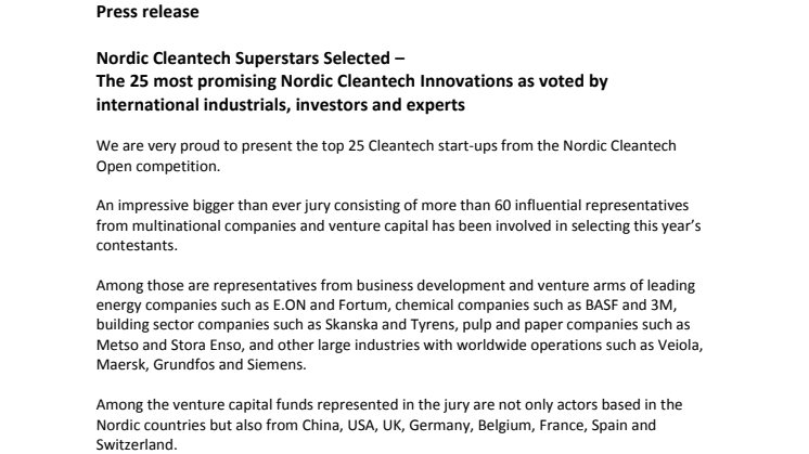 Nordic Cleantech Superstars Selected – The 25 most promising Nordic Cleantech Innovations as voted by international industrials, investors and experts 