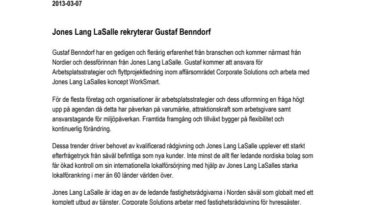 Jones Lang LaSalle rekryterar Gustaf Benndorf