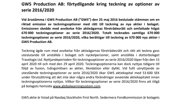 GWS Production AB: förtydligande kring teckning av optioner av serie 2016/2020