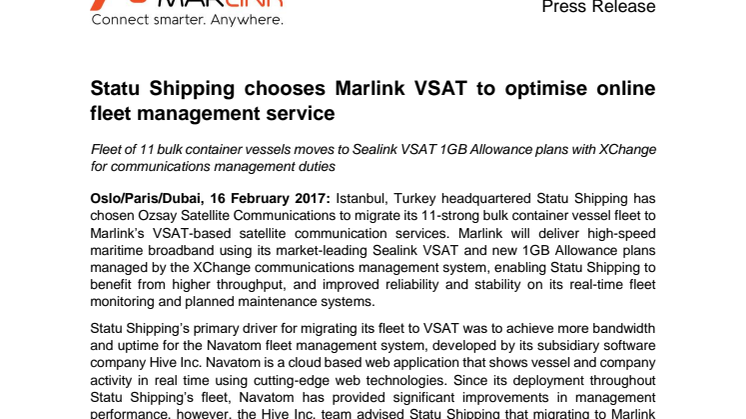 Marlink: Statu Shipping chooses Marlink VSAT to optimise online fleet management service