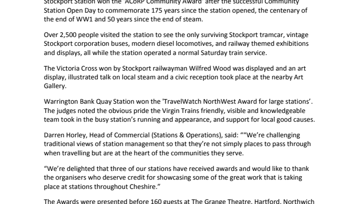Virgin Trains scoop three awards at Cheshire Best Kept Stations 