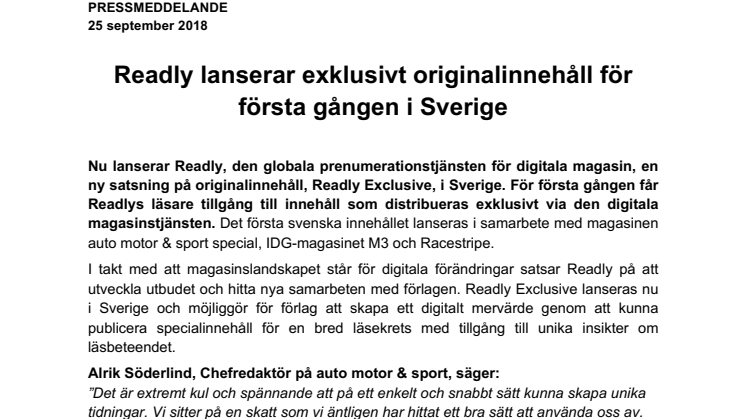 Readly lanserar exklusivt originalinnehåll för första gången i Sverige 