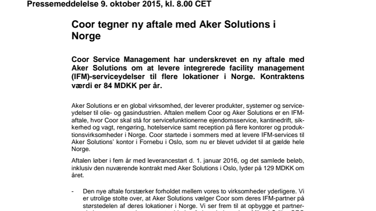 Coor tegner ny aftale med Aker Solutions i Norge