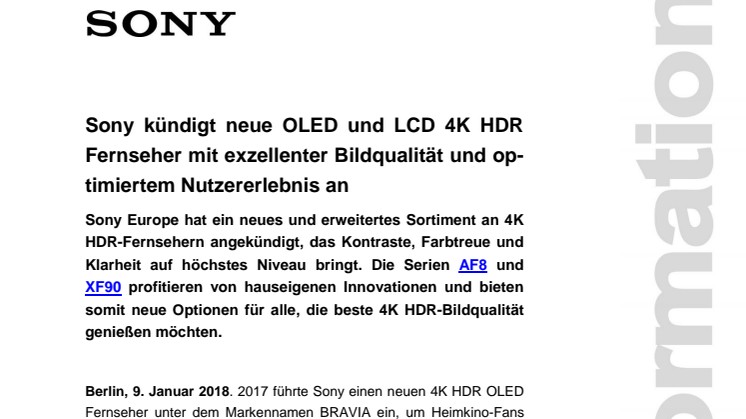 Sony kündigt neue OLED und LCD 4K HDR Fernseher mit exzellenter Bildqualität und optimiertem Nutzererlebnis an