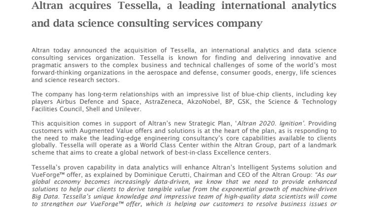 Acquisition - Altran acquires Tessella, a leading international analytics and data science consulting services company