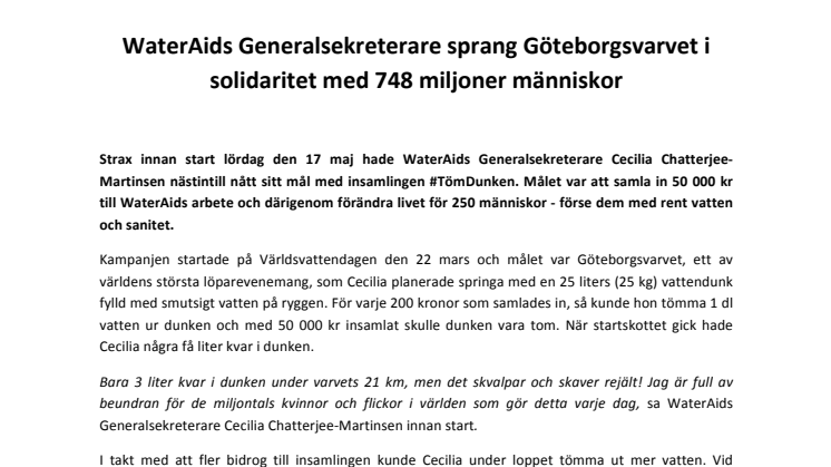 WaterAids Generalsekreterare sprang Göteborgsvarvet i solidaritet med 748 miljoner människor
