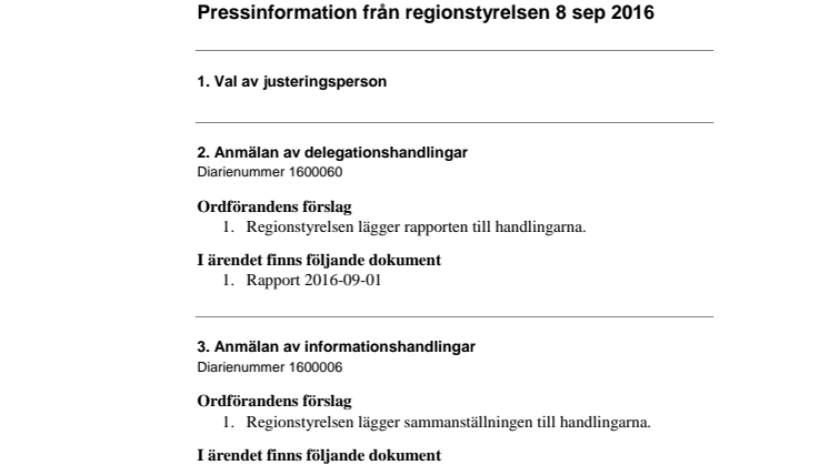 Pressinformation från regionstyrelsen 8 september 2016
