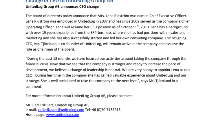 Change of CEO in UnitedLog Group AB