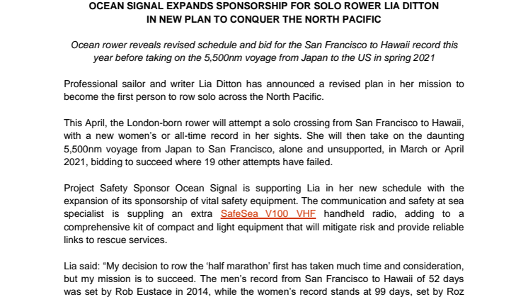 Ocean Signal Expands Sponsorship for Solo Rower Lia Ditton in New Plan to Conquer the North Pacific