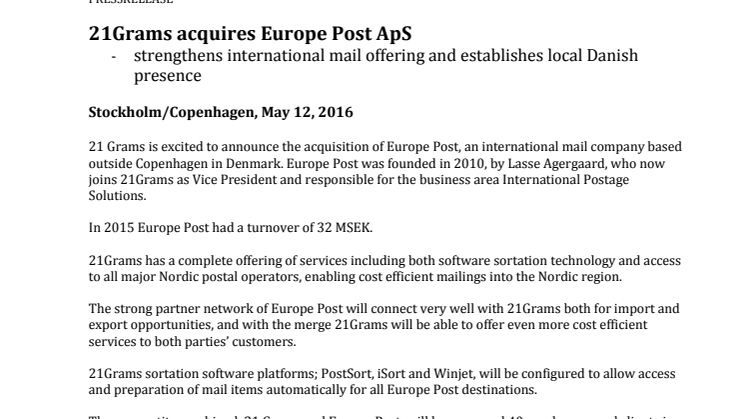  21Grams acquires Europe Post ApS