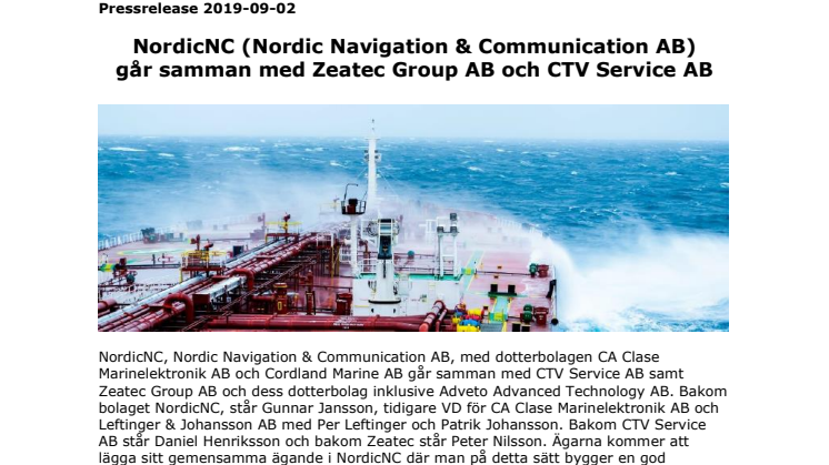 NordicNC (Nordic Navigation & Communication AB) går samman med Zeatec Group AB och CTV Service AB