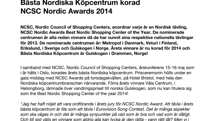 Bästa Nordiska köpcentrum korad - NCSC Nordic Awards 2014