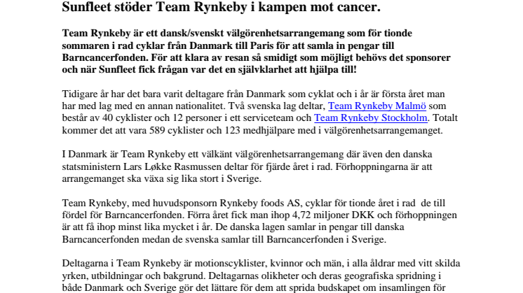 Sunfleet stöder Team Rynkeby i kampen mot cancer