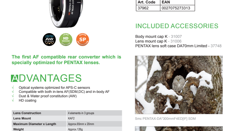 Pentax HD Converter 1,4x AW, datablad